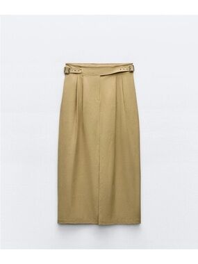 Zara High-Waist Belted Midi Skirt in Tan